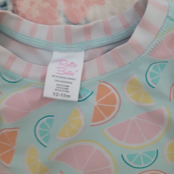 💥3/$24 Ruffle Butts Citrus Fruit Print Rashguard Swim Set - Picture 3 of 5